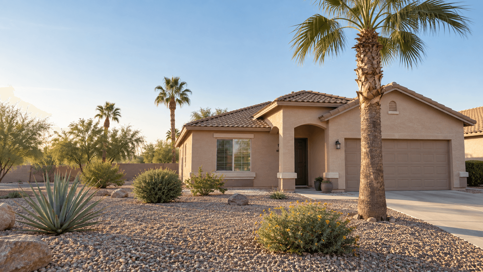 Illustrative Casa Grande stucco home with desert landscaping
